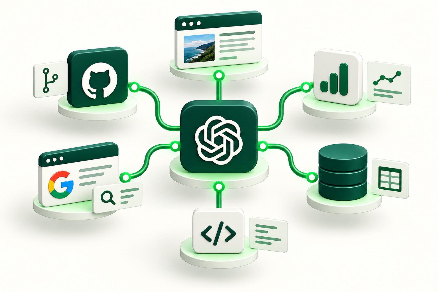 ChatGPT conectado visualmente con una web, un repositorio y fuentes de datos